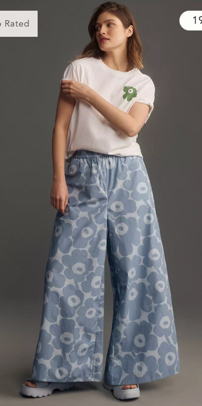 Marimekko Pants XS Kohti Unikko Wide Leg Floral Poplin Blue Trouser Groovy Retro